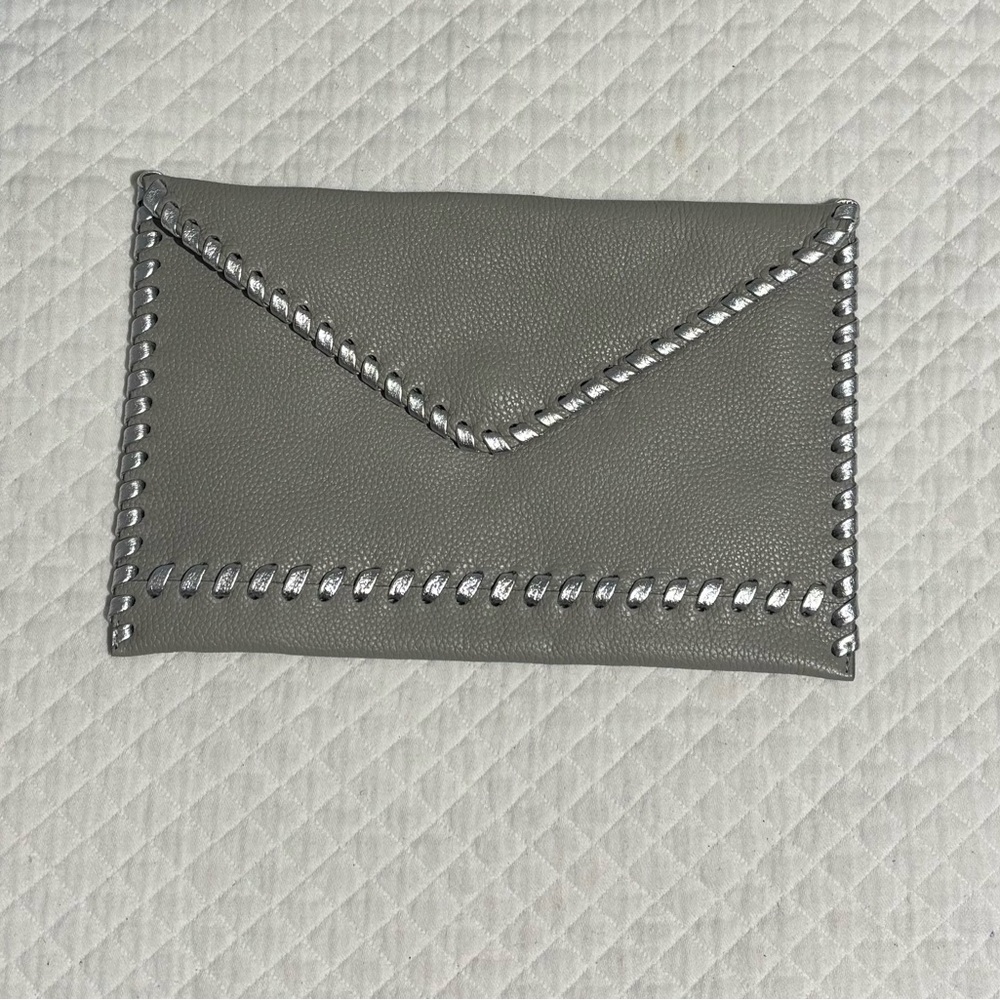 LAGGO Sleek Gray Envelope Leather Clutch with Silver Accent Trim
